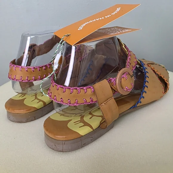 NWT Farm Rio Caramel Tan Whipstitch Fisherman Sandals Palm Tree Adjustable Strap - Picture 13 of 17